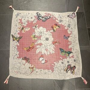 Johnny Was Floral Butterfly Scarf with Red Accents